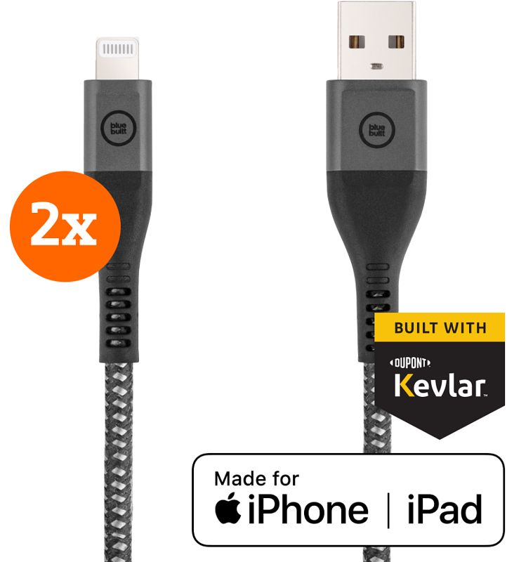 Foto van Bluebuilt usb a naar lightning kabel 1,5m kevlar zwart duo pack