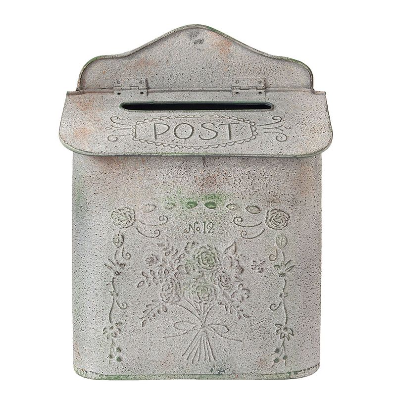 Foto van Haes deco - brievenbus vintage grijs metaal met bloemen en tekst ""post"", formaat 26x10x35 cm