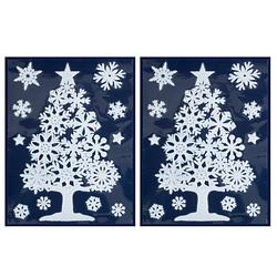 Foto van 2x witte kerst raamstickers kerstboom met sneeuwvlokken 40 cm - feeststickers