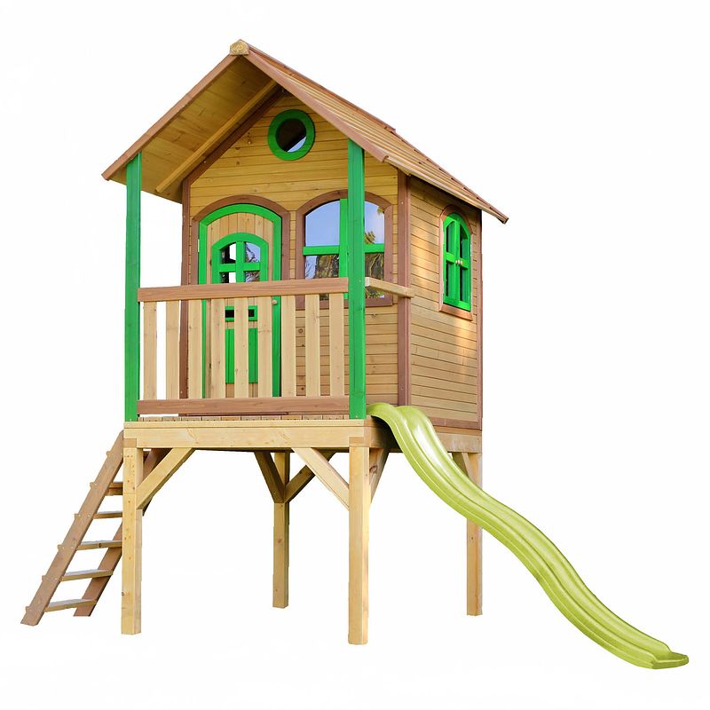 Foto van Axi laura speelhuis op palen & limoen groene glijbaan speelhuisje voor de tuin / buiten in bruin & groen van fsc hout