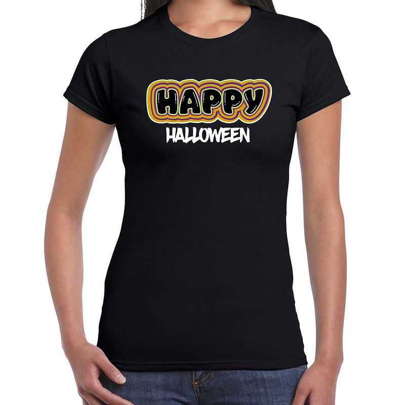 Foto van Bellatio decorations halloween verkleed t-shirt dames - happy halloween - zwart - themafeest outfit xl - feestshirts