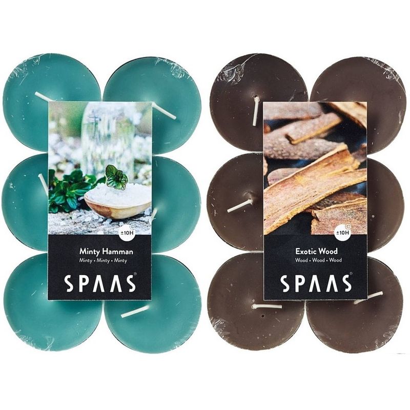 Foto van Candles by spaas geurkaarsen - 24x stuks in 2 geuren mint en exotic wood - geurkaarsen