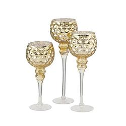 Foto van Luxe glazen design kaarsenhouders/windlichten set van 3x stuks champagne/goud transparant 30-40 cm - windlichten