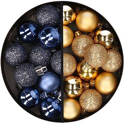 Foto van 34x stuks kunststof kerstballen donkerblauw en goud 3 cm - kerstbal