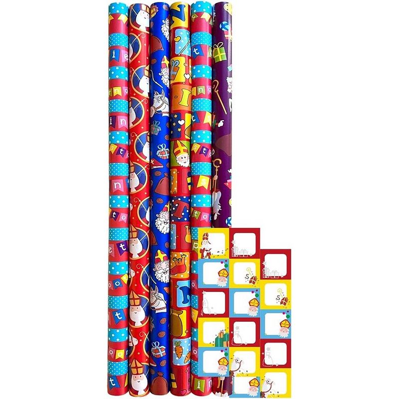 Foto van Assortiment sinterklaaspapier cadeaupapier inpakpapier voor sinterklaas - 3 meter x 70 cm - 12 rollen inclucief labels