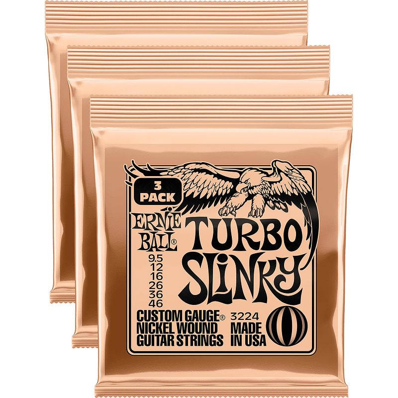 Foto van Ernie ball 3224 turbo slinky nickel wound 9,5 - 46 snaren voor elektrische gitaar (3 sets)