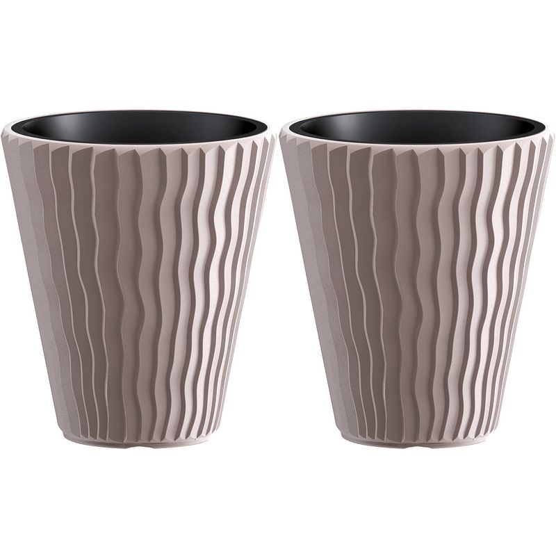 Foto van Prosperplast plantenpot/bloempot sand waves - 2x - buiten/binnen - kunststof - beige - d39 x h43 cm - plantenpotten