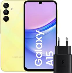 Foto van Samsung galaxy a15 128gb geel 5g + samsung oplader 25 watt zwart