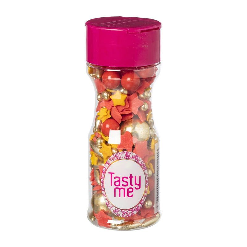 Foto van Tasty me sprinkles - rood/oranje/goud - 65 g