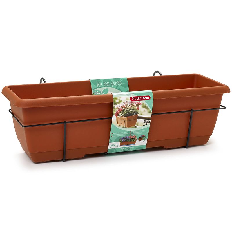 Foto van 1x balkon plantenbak/bloembak terracotta 60 cm met hanger - plantenbakken