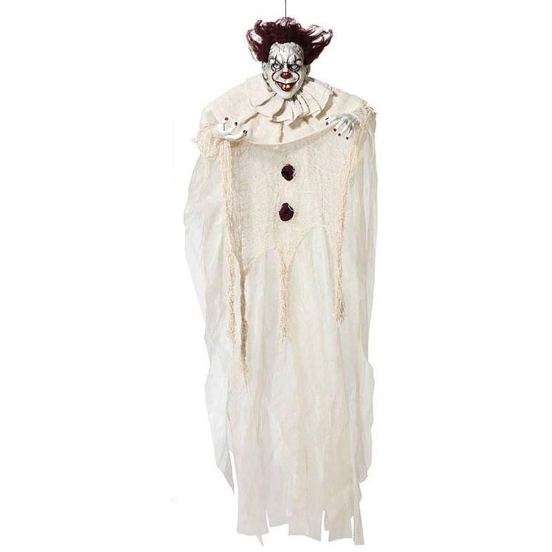 Foto van Halloween/horror thema hang decoratie horror clown - enge/griezelige pop - 130 cm - feestdecoratievoorwerp