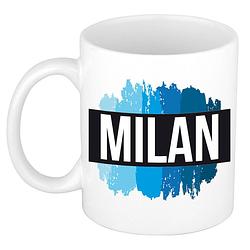 Foto van Naam cadeau mok / beker milan met blauwe verfstrepen 300 ml - naam mokken