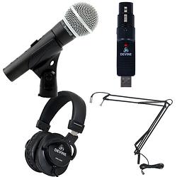 Foto van Shure sm58 se met usb converter, koptelefoon en broadcast arm