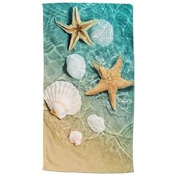 Foto van Droomtextiel zeester schelpen strand strandlaken - handdoek 100x180 cm - heerlijk zacht - poly velours