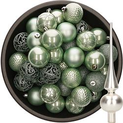 Foto van 37x stuks kunststof kerstballen 6 cm mintgroen incl. glazen piek mat zilver - kerstbal
