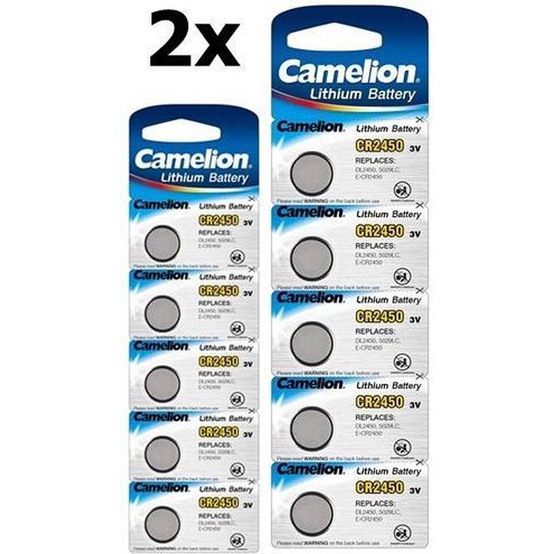 Foto van 10 stuks (2 blister a 5st) camelion cr2450 3v lithium knoopcelbatterij