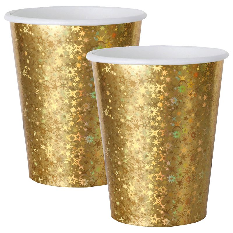 Foto van Feest wegwerp bekertjes - glitter - 20x stuks - 270 ml - goud - karton - feestbekertjes