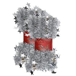 Foto van 2x stuks lametta kerstslingers met sterretjes zilver 200 x 6,5 cm - kerstslingers
