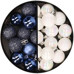 Foto van 34x stuks kunststof kerstballen donkerblauw en parelmoer wit 3 cm - kerstbal