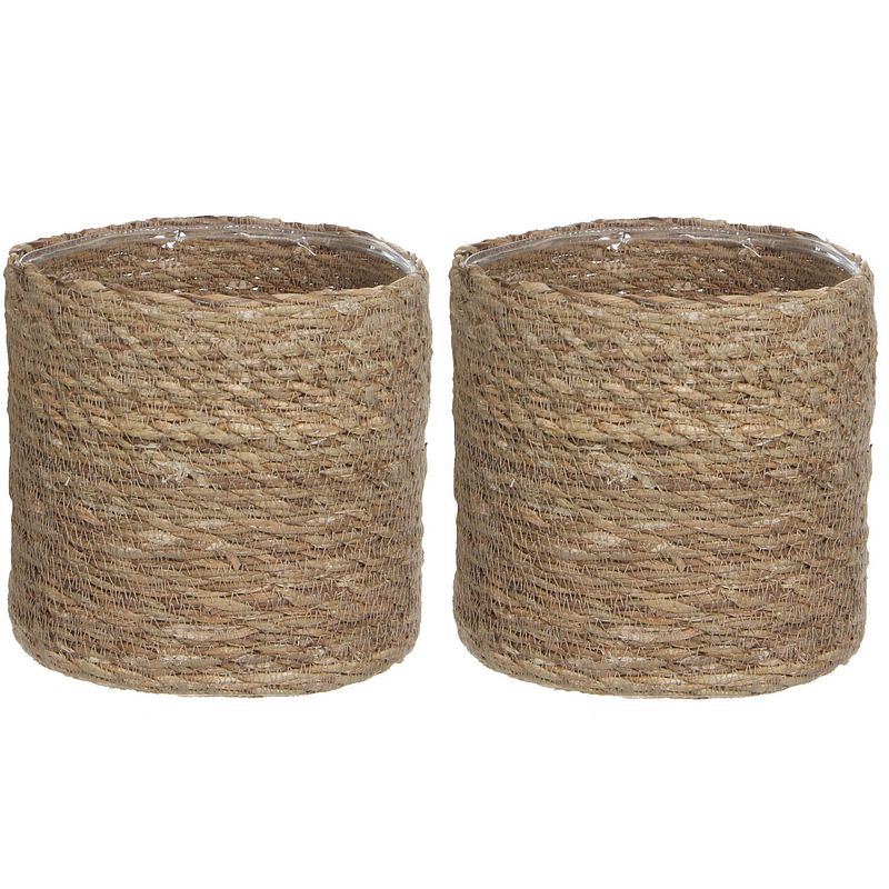 Foto van 2x stuks naturel bruin rotan planten pot mand van gedraaid jute/riet h20 en d20 cm - plantenpotten