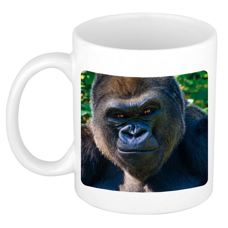 Foto van Dieren foto mok stoere gorilla - gorilla apen beker wit 300 ml - feest mokken