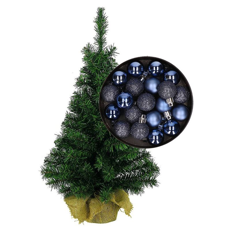 Foto van Mini kerstboom/kunst kerstboom h35 cm inclusief kerstballen donkerblauw - kunstkerstboom