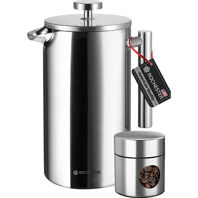 Foto van Rochester french press - cafetiere met bonenpotje - koffiemaker - 1 liter - vaatwasserbestendig - dubbelwandig - rvs