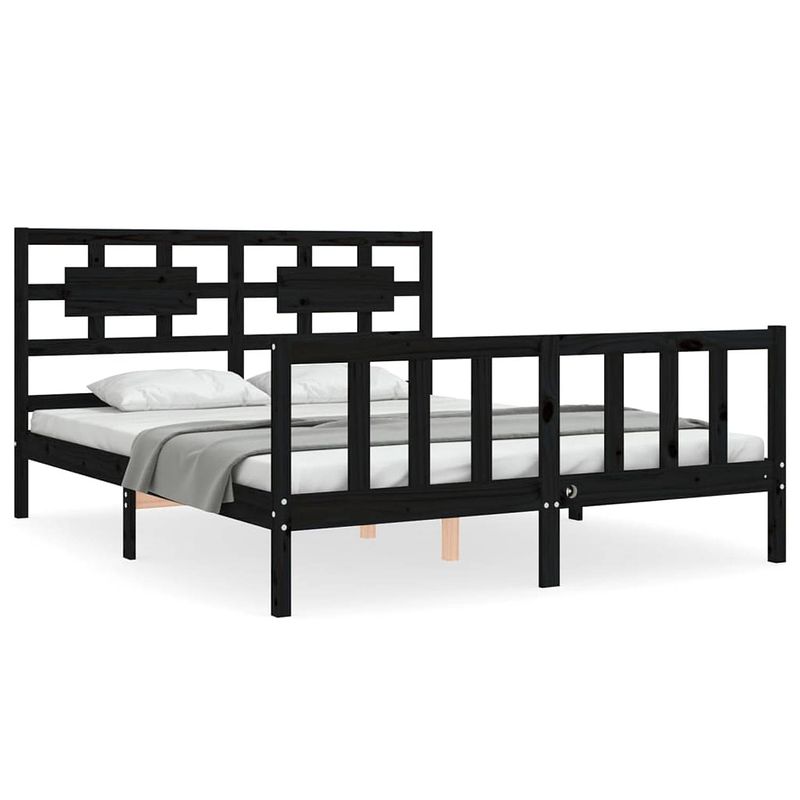 Foto van The living store massief grenenhouten bedframe - king size - zwart - 205.5 x 155.5 x 100 cm