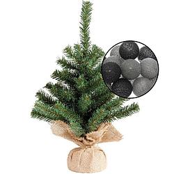Foto van Mini kunst kerstboom groen met verlichting - in jute zak - h45 cm - zwart/grijs - kunstkerstboom