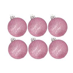 Foto van 6x stuks kunststof glitter kerstballen roze 6 cm - kerstbal