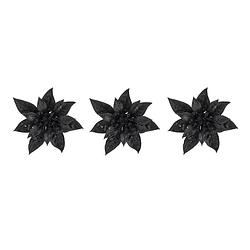 Foto van 3x stuks decoratie bloemen kerstster zwart glitter op clip 15 cm - kersthangers