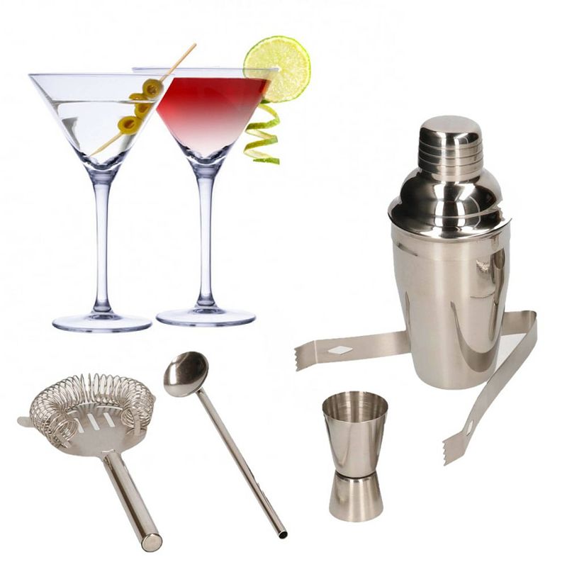 Foto van Set van 4x martini cocktailglazen met complete 5-delige cocktailshaker set rvs - cocktailglazen