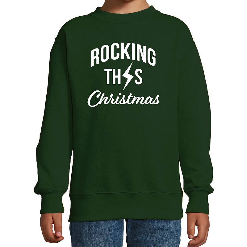 Foto van Rocking this christmas foute kerstsweater / kersttrui groen voor kinderen 12-13 jaar (152/164) - kerst truien