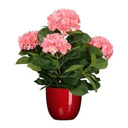 Foto van Hortensia kunstplant/kunstbloemen 45 cm - roze - in pot rood glans - kunstplanten