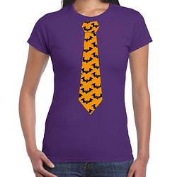 Foto van Halloween/thema verkleed feest stropdas t-shirt vleermuizen voor dames - paars l - feestshirts