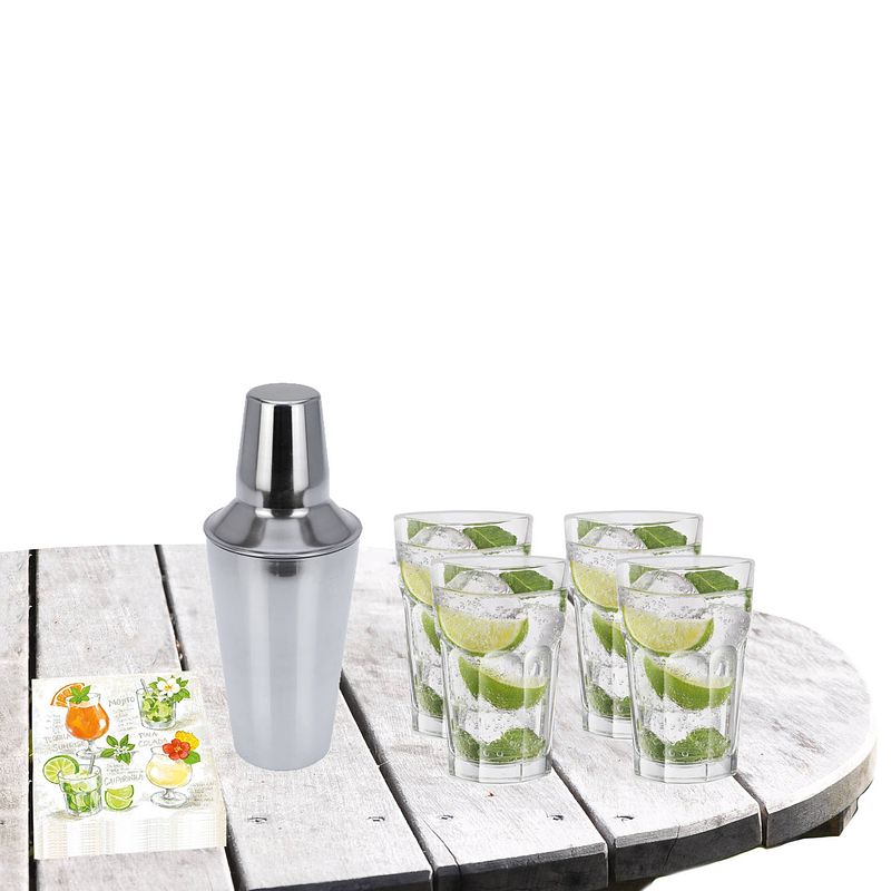 Foto van Cocktailshaker met 4x cocktailglazen mojito transparant 410 ml - cocktailglazen