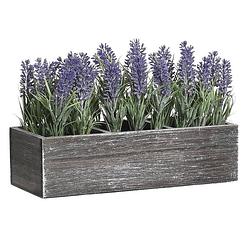 Foto van Lavendel bloemen kunstplant in houten bloempot - paarse bloemen - 34 x 14 x 19 cm - kunstplanten