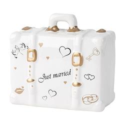 Foto van Cepewa spaarpot voor volwassenen just married - keramiek - koffer in bruiloft thema - 14 x 10 cm - spaarpotten