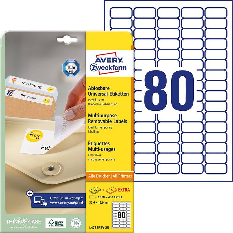 Foto van Avery-zweckform l4732rev-25 etiketten 35.6 x 16.9 mm papier wit 2400 stuk(s) weer verwijderbaar universele etiketten inkt, laser, kopie 30 vel din a4