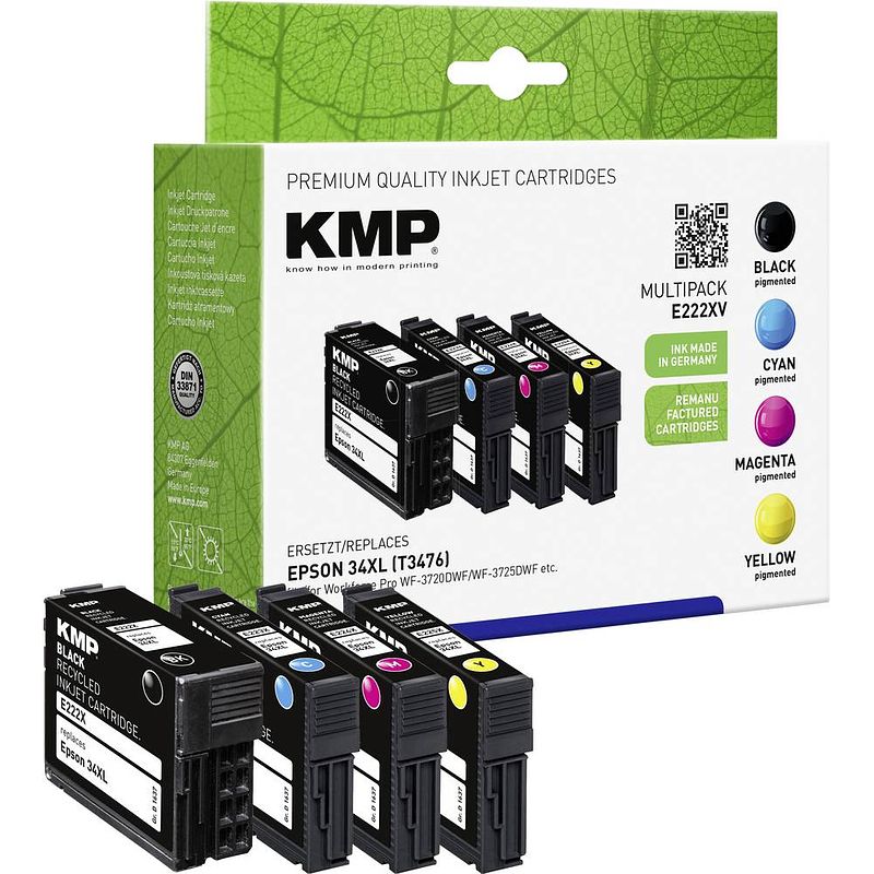 Foto van Kmp inkt combipack vervangt epson t347634xl compatibel combipack zwart, cyaan, magenta, geel e222xv 1637,4005