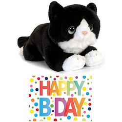 Foto van Cadeau setje pluche zwart/witte kat/poes knuffel 32 cm met happy birthday wenskaart - knuffel huisdieren