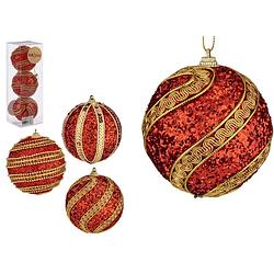 Foto van Krist+ kerstballen - 3x stuks - rood/goud - kunststof - gedecoreerd -8 cm - kerstbal