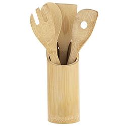 Foto van Bamboe houten keukengerei spatel set 4-delig met houder - keukengerei