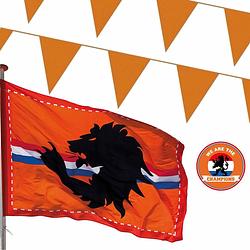 Foto van Oranje versiering buiten pakket 2x mega holland vlag + 200 meter vlaggetjes - feestpakketten