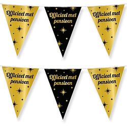 Foto van 2x stuks paperdreams vlaggenlijn - luxe pensioen feest/party - 10m - goud/zwart - folie - vlaggenlijnen