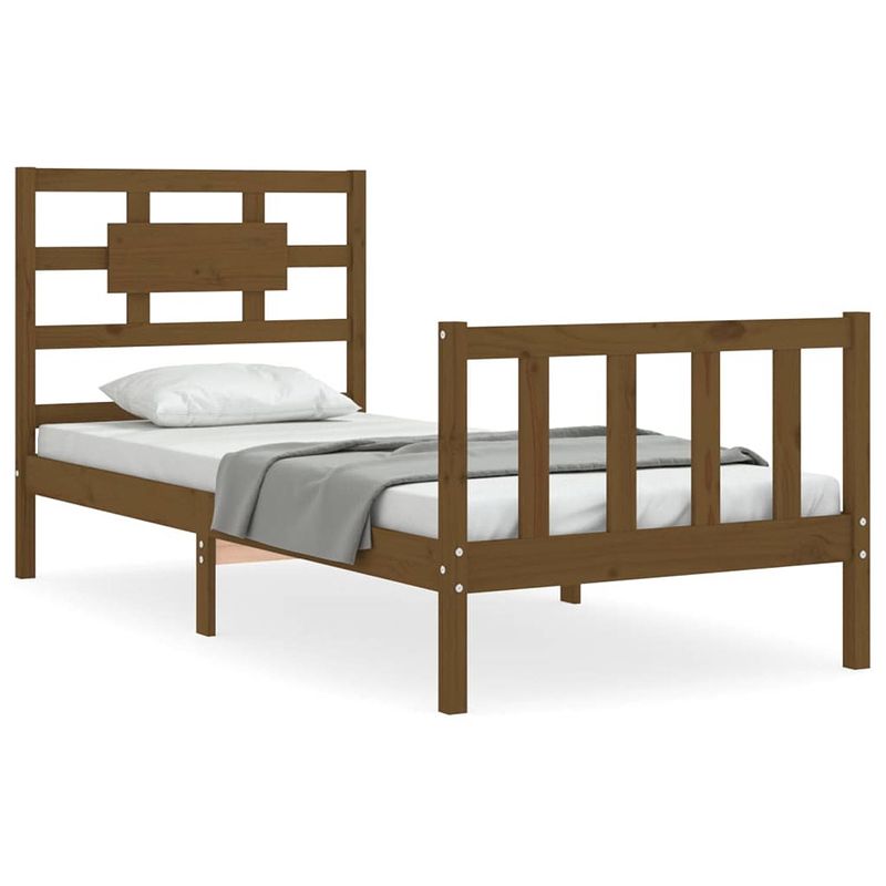 Foto van The living store massief grenenhouten bedframe - honingbruin - 195.5 x 80.5 x 100 cm - multiplex lattenbodem - stevig