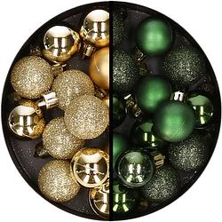 Foto van 34x stuks kunststof kerstballen goud en donkergroen 3 cm - kerstbal