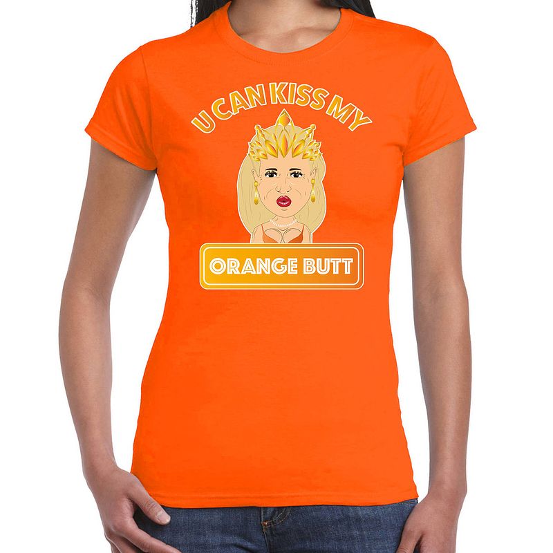 Foto van Oranje koningsdag t-shirt - kiss my orange butt - maxima - dames l - feestshirts