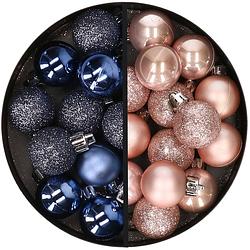 Foto van 34x stuks kunststof kerstballen donkerblauw en lichtroze 3 cm - kerstbal