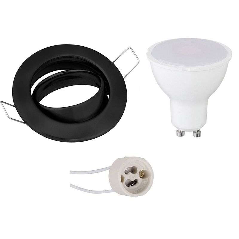 Foto van Led spot set - gu10 fitting - inbouw rond - mat zwart - 4w - helder/koud wit 6400k - kantelbaar ø82mm